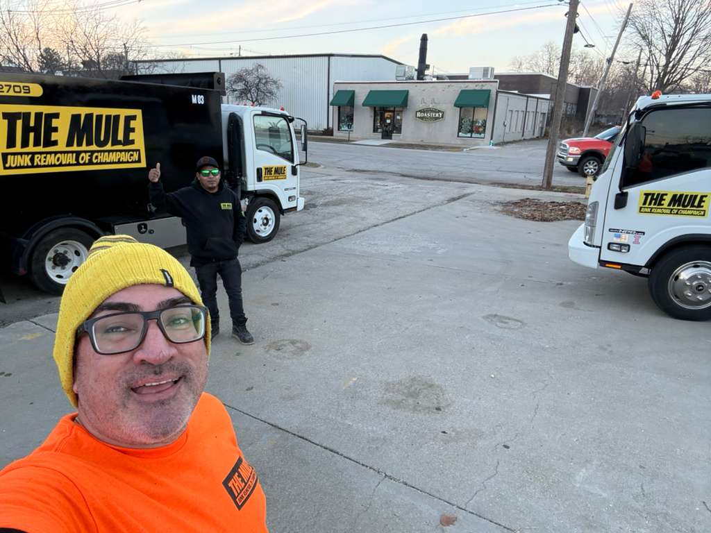 The Mule Junk Removal team and trucks ready for same-day junk removal service in Champaign, IL
