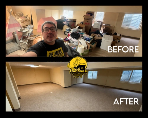 Before and after comparison of a cluttered basement cleanout in Champaign, IL, showing a room filled with boxes and play items fully cleared by The Mule Junk Removal.